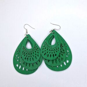 Green wood earrings hollowed out tear drop layered drop earrings